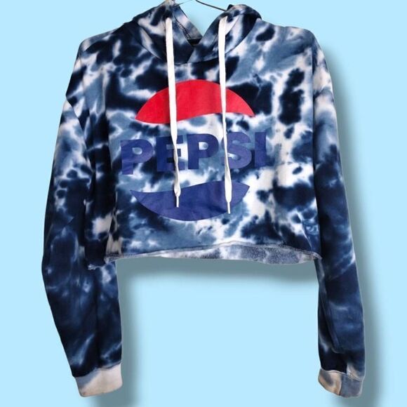 Pepsi Womens Hoodie Cropped Blue White Tie Dye‎ Logo Size Small Collectible Soda - Picture 1 of 9